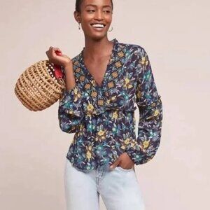 Anthropologie Meadow Rue Strasser Floral Embroidered Bohemian Blouse Women's XSP